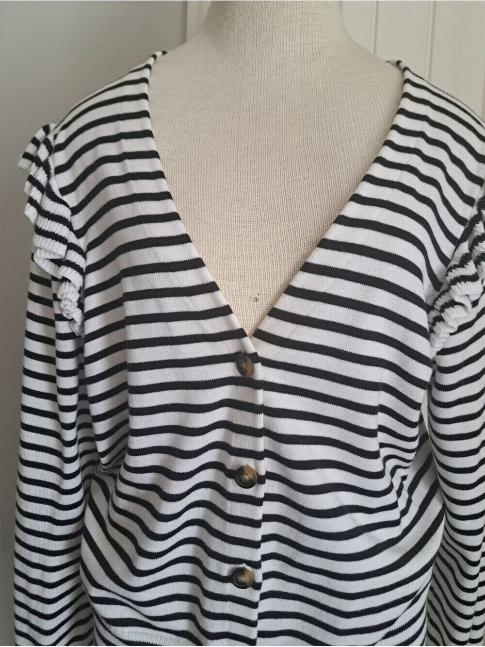 CHARTER CLUB cotton blend Black & White Striped Button-Front cardigan ruffle XL